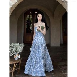 Casual Dresses Blue Floral Suspender Dress Women's 2024 Summer Holiday Female French Backless Long ElegAnd Party Korean Fashion Dresses.