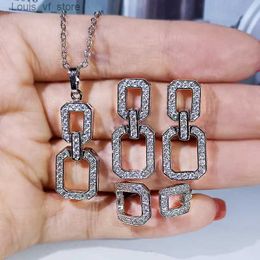 Wedding Jewelry Sets 925 Silver Luxury Geometric Two Square Hollow Crystal Necklace Ring Earrings For Women Minimalist H240426