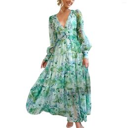 Casual Dresses Green Vintage Print Maxi Dress For Women 2024 Autumn Long Sleeve V Neck Female Floral Boho Beach Holiday Robe