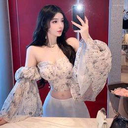 Women's Blouses French One Shoulder Smocked Printed Women Blouse 2024 Summer Fashion Flared Long Sleeve Chiffon Tops Short Belly Button