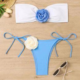 Women's Swimwear Flower Tube Top Swimsuit Stylish 3d Bandeau Bikini Set With Lace-up Briefs Patchwork Colour Bathing Suit