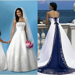 Biały i sukienka vintage haft granatowy linia bez ramiączek długi ślub ślubny suknie ślubne Arabic Satin Sweet Train Sukienki Bride