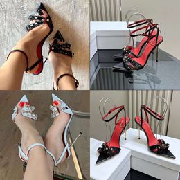 Rhinestone Calfskin High-heeled Sandals women's Pointed Ankle Strap Buckle Embellished Metal Stiletto Fashion Designer Party Evening Shoes Original Quality
