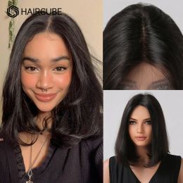 Wigs HAIRCUBE Natural Colour Medium Long Bob Human Hair Lace Front Wigs for Women Shoulder Length Middle Part Natural Fluffy Hair Wig