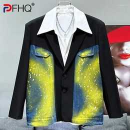 Men's Suits PFHQ Contrast Color Patchwork Denim Suit Jackets Spray Printed Design Creativity Handsome Male Blazers Summer 21Z4506