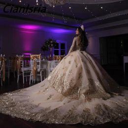 Champagne Long Sleeve Ruffles Ball Gown Quinceanera Dresses Illusion Sequined Appliques Lace Corset Vestidos De 15 Anos