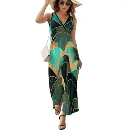 Casual Dresses Art Vintage Geometric Dress Summer Turquoise Scales Aesthetic Boho Beach Long Ladies High Waist Printed Club Maxi