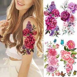 Tattoo Transfer Watercolor Peony Flower Temporary Tattoos For Women Adult Girl Rose Butterfly Fake Tattoo Stylish Waterproof Arm Tatoos Sticker 240426