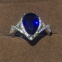Pear Cut Water Drop Blue Sapphire Cz Jewelry White Gold Filled Solitaire Simulated Diamond Ring for Women Exquisite Wedding Gift S9969312