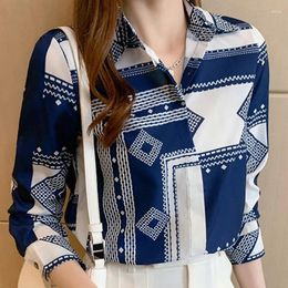 Women's Blouses Autumn 2024 Women OL Style Shirt Big Size Long Sleeve Top Fashion Geometric Pattern Print Blue Button Up Woman Office Blouse