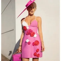 Casual Dresses 2024 Fashion Slim Women Bandage Dress Pink Strap Evening Club Party Sexy Stage Costumes Flower A-line Skirt
