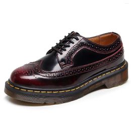Casual Shoes Red Women's Low Top 5 Holes Leather Brock Carved Men's And Round Lovers Thick Soled Single