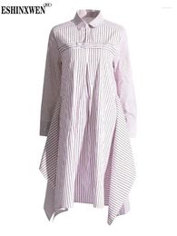 Casual Dresses Eshin Lapel Long Sleeve Colorblock Striped Minimalist For Women High Waist Loose Dress Female Fashion Clothing TH6236