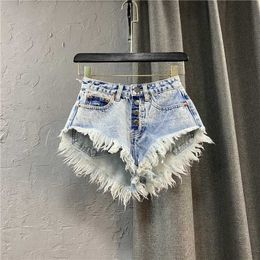 Women's Shorts Womens Ripped Mid Rise Denim Jeans Shorts Summer Button Tassel Single-breasted Wide-leg Denim Shorts Jeans Strtwear Y240425