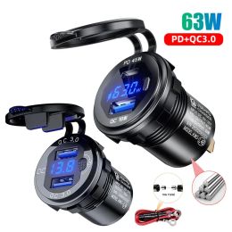 Plugs Aluminum Quick Charge 3.0 and PD Dual USB Car Charger Socket 12V/24V 63W Dual USB Motorcycle Socket Power Outlet Charge Adapter
