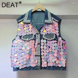 Women's Vests Denim Waist Coat Pearls Beading Gradient Sequins Sleeveless Single Breasted Jackets 2024 Summer Fashion 29L7128