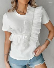 Women's T Shirts 2024 Summer Fashion Sheer Mesh Patch Ruffle Hem Casual Round Neck Plain Short Sleeve Daily T-Shirt Top