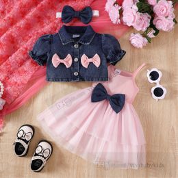 Baby clothing sets toddler kids Bows princess outfits infant girls love heart lace tulle suspender dress with lapel puff sleeve outwear 2pcs Z7900