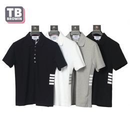 Shirts Tb Browin Brand Men's Halfsleeve Fourbar Striped Cotton Lapel Shortsleeved Tshirt Thom Casual Trend Couple Wear