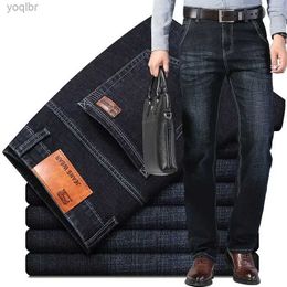 Men's Jeans 2024 New Mens Elastic Regular Fit Jeans Business Casual Classic Style Denim Mens Black Blue Gray PantsL244