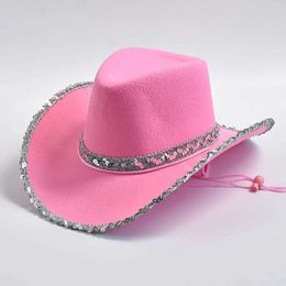 Wide Brim Hats Bucket Hats New Pink Cowboy Hat For Women Western Cowgirl Stetson Girls Hot Girl Party Dress Jazz Hats Y240425