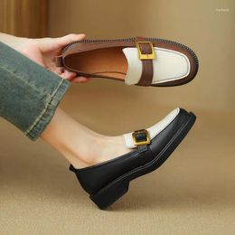 Dress Shoes EAGSITY Cow Leather British Style Slip On Loafer Square Heel Women Casual Comfort Health