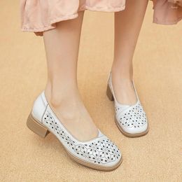 Casual Shoes Comfort Low Heels Women's Sandals Genuine Leather Soft Soles Summer 2024 Breathable Hollow Out Mom's