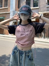 Women's T Shirts Spring/Summer Korean Edition Drawstring Contrast Raglan Letter Printed Pure Cotton Short Sleeved T-shirt Top