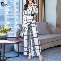 Suits Elegant Chiffon Belt Two Piece Set Women Plaid Print Office Wide Leg Pants Suit Summer Thin Design Irregular Half Sleeve Shirts