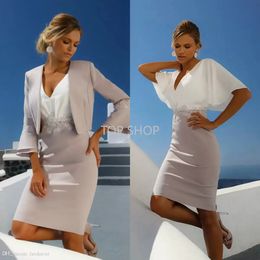 Elegant Mother Of The Bride Dresses With Jacket Knee Length Elegant Wedding Guest Gowns 3/4 Long Sleeves Formal Mother Dress