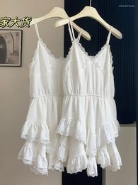 Casual Dresses Mori Girl Spaghetti Strap Dress Sleeveless Fashion White One-Piece Frocks Backless Vestidos Temperament Lace Sundress Simple