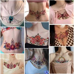 Tattoo Transfer Flower Tattoo Sexy Sternum Fake Tattoos for Woman Chest Temporary Tattoos Waterproof Lasting Under Breast Plant Tattoo Stickers 240427