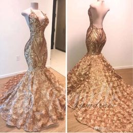 Prom 2019 African Dresses Gold Mermaid Halter V Neck 3D Blommor ärmlös aftonklänning Lång arabisk Dubai -festklänningar BC1335