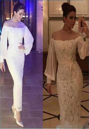 Ankle Length Sheath White Lace Evening Dresses Off Shoulder Long Sleeves Prom Gowns Plus Size Formal Party Dress2849077