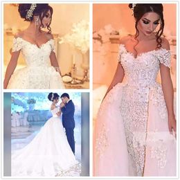 Koronkowe sukienki z arabskich aplikacje na ramię z koraliki Perły ślubne Suknia ślubna Odłączona spódnica plus size ślubne suknie ślubne szatę de Mariee