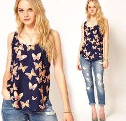 Fashion spring summer chiffon tops butterfly print lady blouse O neck sleeveless womens chiffon blouse3575510