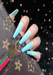24pcs Blue Ombre Fake Nails Ballerina Long Coffin Matte Press on Nail False Tips Artificial Finger Manicure for Women and Girls8767271