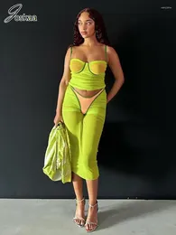 Work Dresses Joskaa Sexy Splice Mesh See Through 2 Piece Set Women Hipster Crop Camisole And Midi Skirt Matching 2024 Vacation Beach Outfits