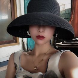 Female Summer womens hat Hepburn Style Vintage Design Wide side Straw Hat Solid Colour Beach Holiday Beach Hat Big Sun Hat 240410