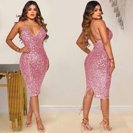 Casual Dresses Glitter Pink Sequins Overlay Bodycon Midi Dress Summer Women Glam Backless Party Robes Birthday Outfits