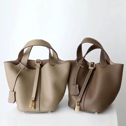 Drawstring Women's Cowhide Basket Bag Genuine Leather Bucket Handbag Commuter Large CapacityPattern Top Handle Satchel