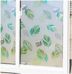 Window Stickers Decorative Noglue Frosted Film Stained Waterproof Static Cling Glass Foil Sticker Green Leaf PVC2707668