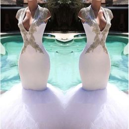 Tulle Mermaid White V Neck Long Beaded Stone Top Sweep Train Evening Party Dresses Prom Gowns Bc