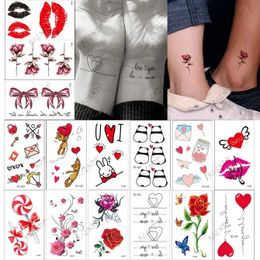 Tattoo Transfer 15pcs Waterproof Temporary Tattoo Sticker Valentines Day flower heart bear Fake Tatto Flash Tatoo Tato for Women Men 240426