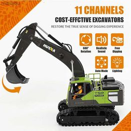 Electric/RC Car HuiNa1661 1 1/18 RC excavator 11 channel 2.4G remote-controlled alloy excavator bucket LED light excavator model RC truck toy boy giftL2404