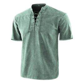 Men Casual Shirts Mediaeval Retro Lace-up V-Neck Cotton Linen Gothic Short Sleeve T-Shirts Plus Size S-5XL253Y