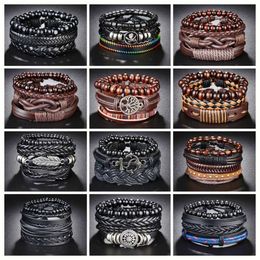 Beaded 4-piece/set woven packaging leather bracelet for mens retro life tree origami charm wood bead ethnic tribe wristband rope