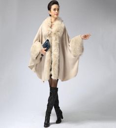 2018 European Russia style women large size cape ponchos with fur collar for female winter cashmere pashmina scarf Wraps autumn D16602920