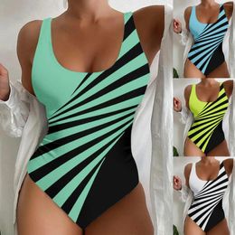 Women's Swimwear Boxing Shorts Women Large Size Figure Shaping U Neck Striped Print Sports Swimsuits Swimsuit With Wide Shoulder Straps