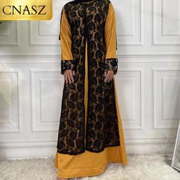 Ethnic Clothing Fashion Abaya Elegant Arabian Black Lace Cuff Long Sleeve Yellow African Dresses For Women Dress Muslim